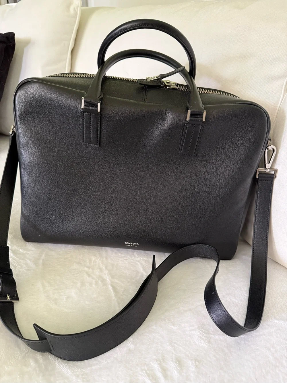 Tom Ford Black Leather Zip-Top Briefcase with Detachable Strap